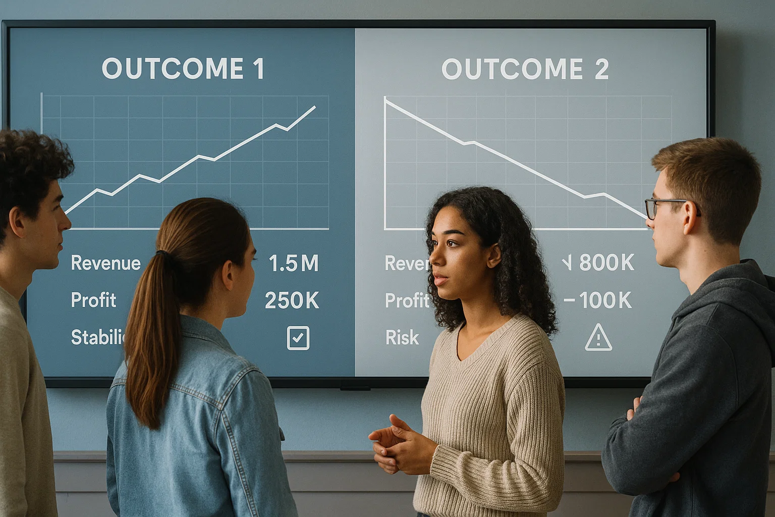 students reviewing simulation outcome results